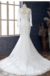 White Beaded Embroidered Round Neck Long Sleeve Wedding Dress